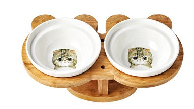 Ceramic Cat Bowl Set with Wooden Stand
