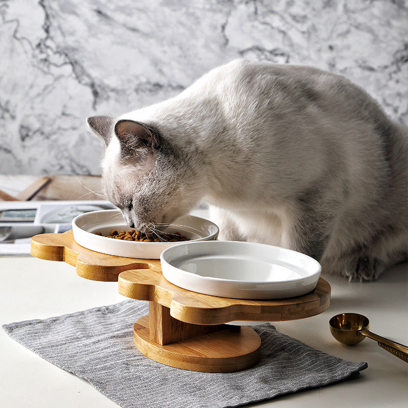 Ceramic Cat Bowl Set with Wooden Stand