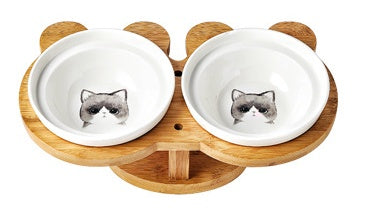 Ceramic Cat Bowl Set with Wooden Stand