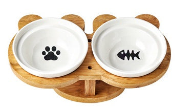 Ceramic Cat Bowl Set with Wooden Stand